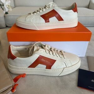 Santoni DBS Double Buckle Cream and Rust Orange Men's Sneakers - Worn twice